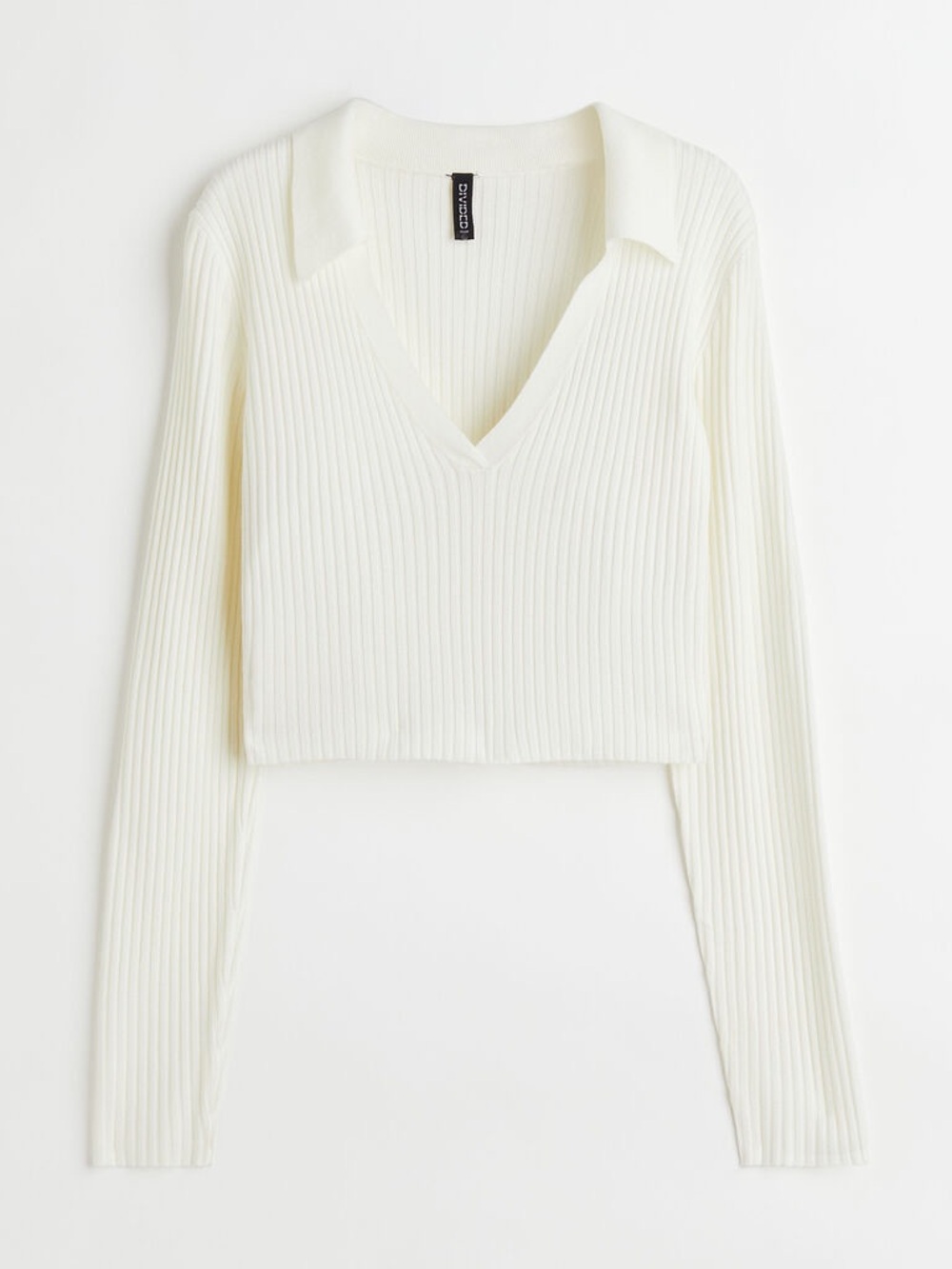 White Ribbed V-Neck Cropped long sleeve  with Collar